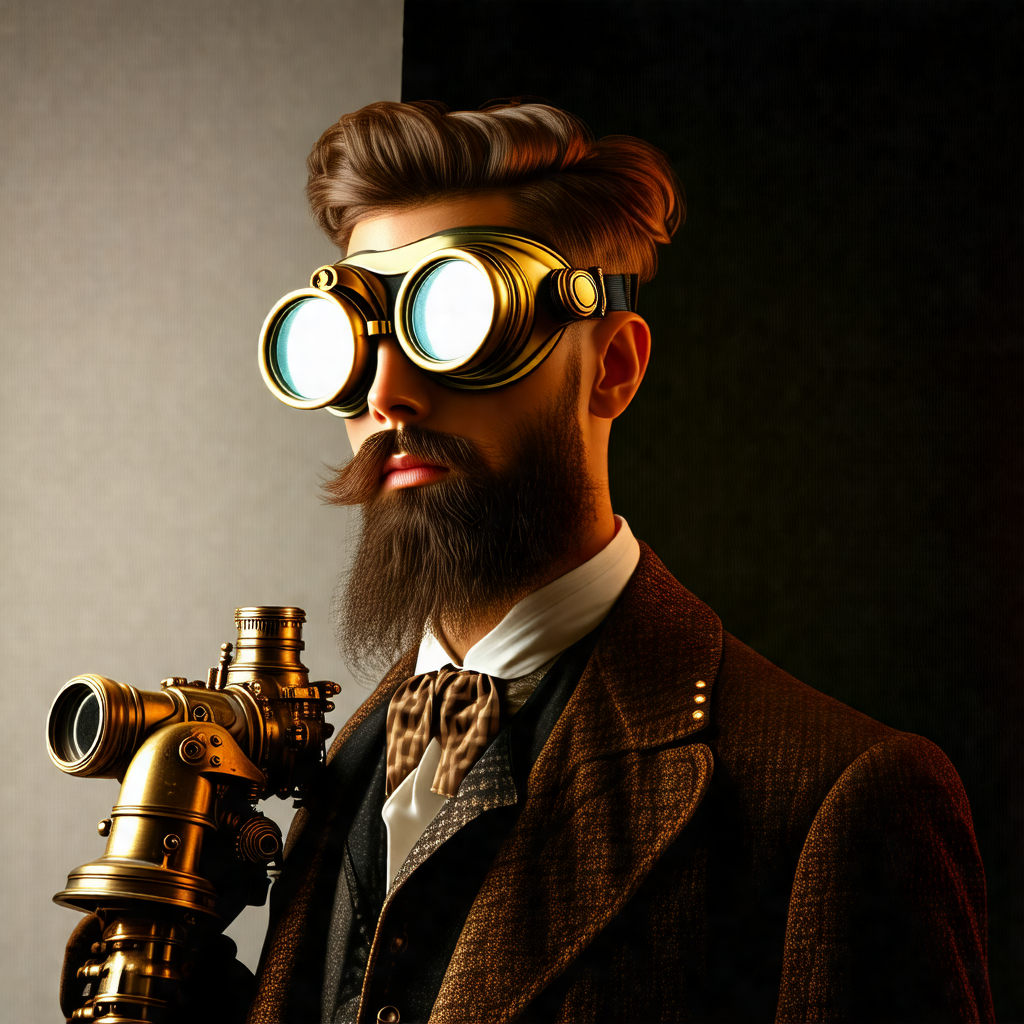 Man wearing a suit and tie, with a pair of goggles on his...