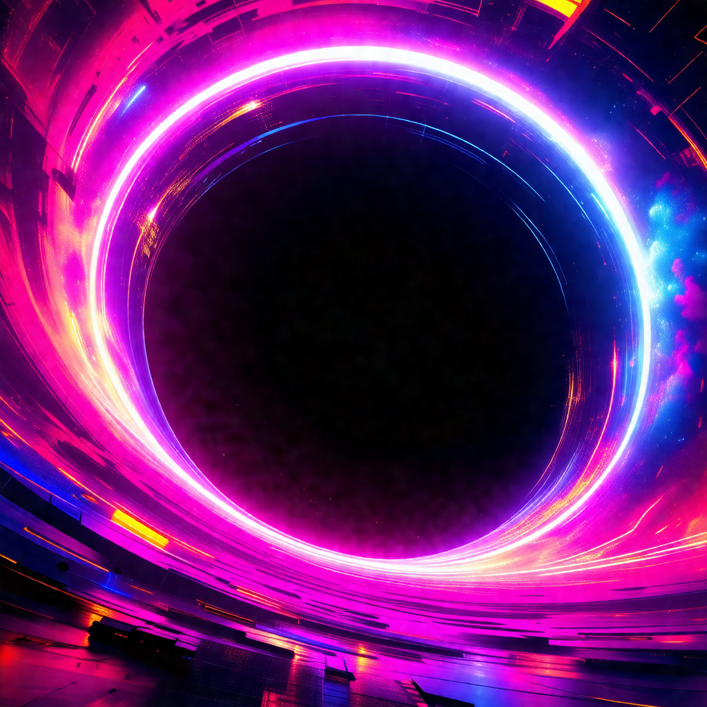Large, circular, pink and blue tunnel with a black hole i...