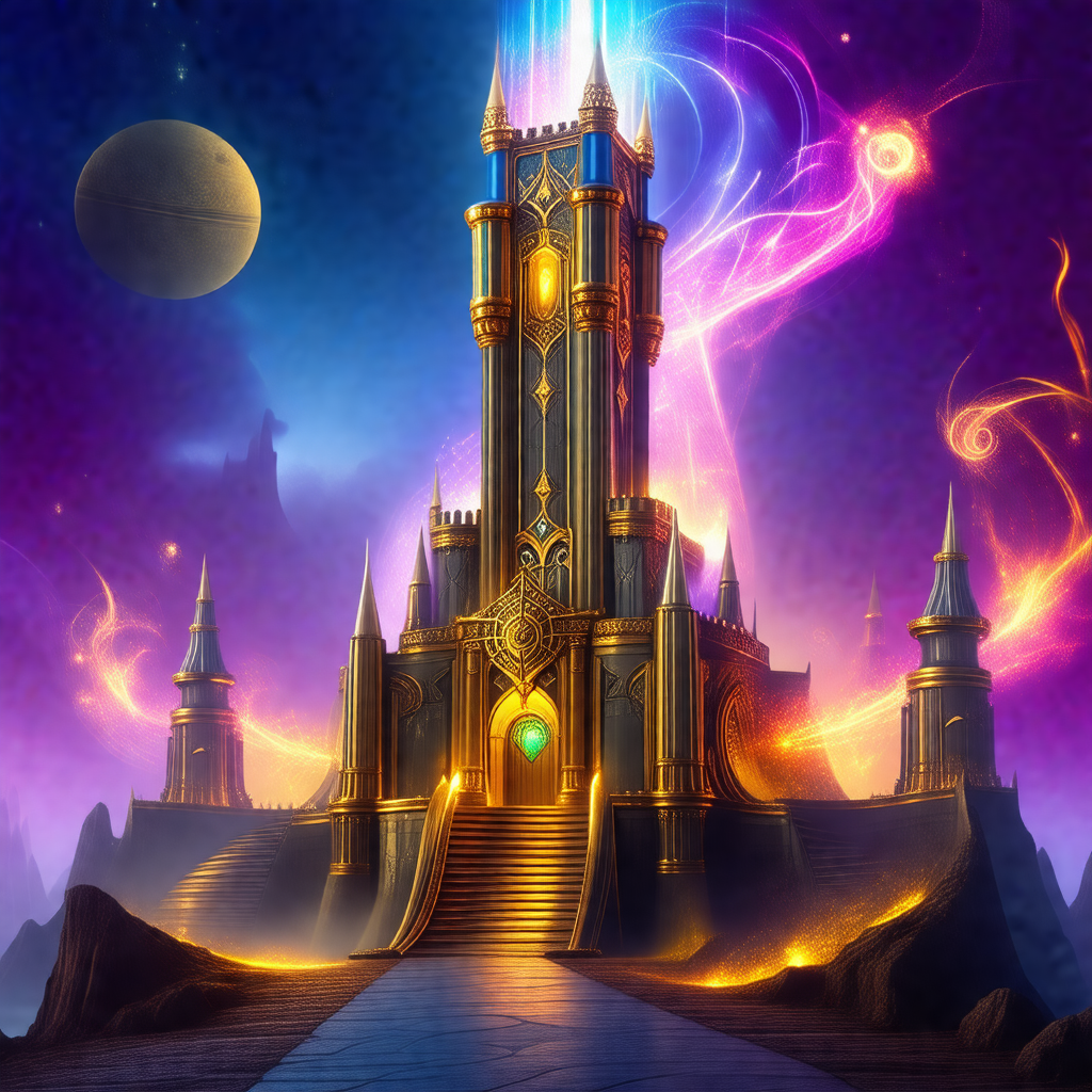 Large, ornate castle with a tall tower and a staircase le...