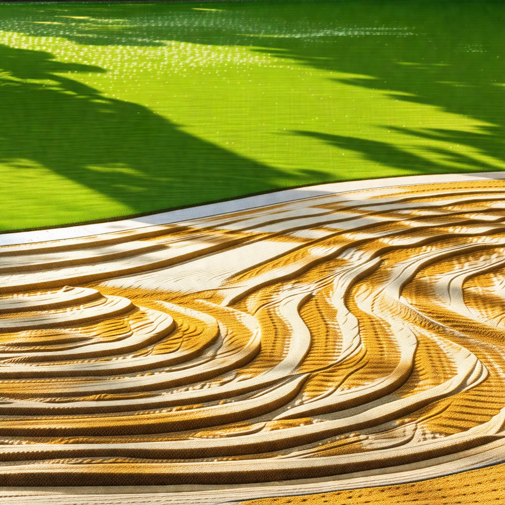 Large, grassy field with a sandy pathway running through it