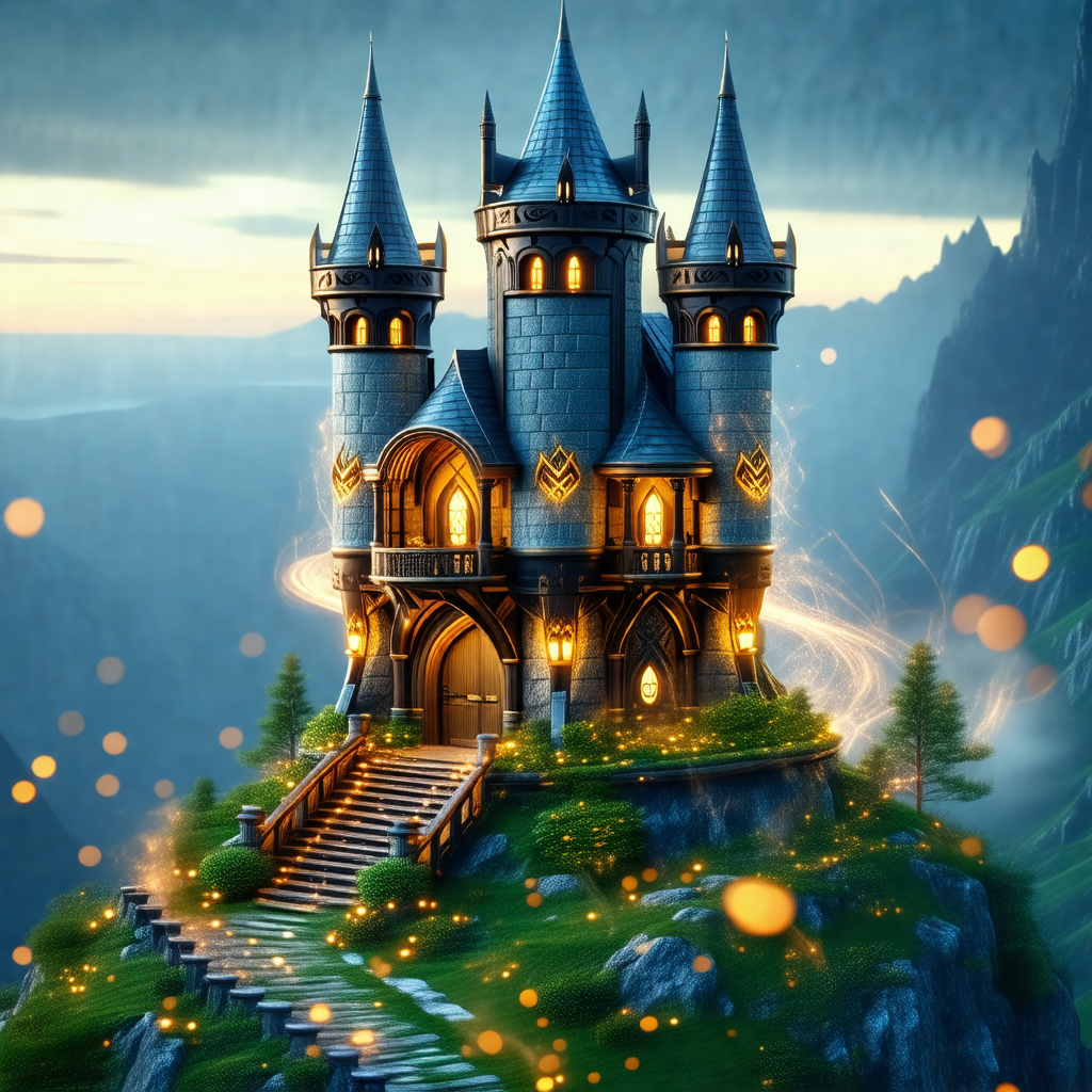 Large, ornate castle with a tall tower and a pointed roof