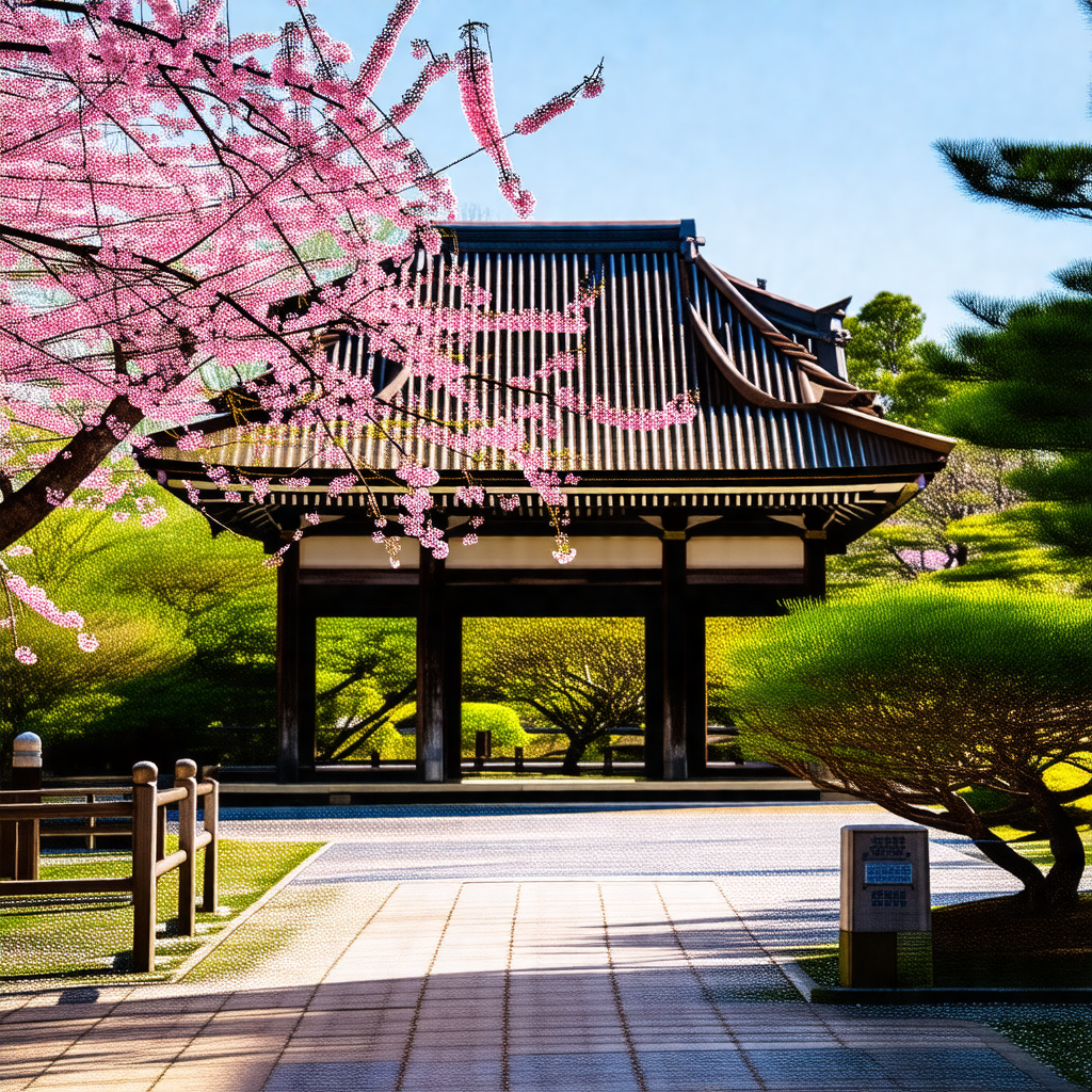 Beautiful japanese garden with a pagoda-style building in...