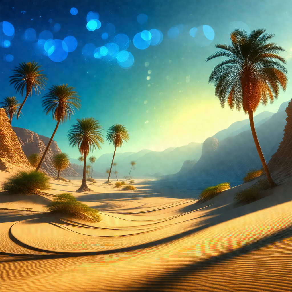 Sandy desert landscape with a few palm trees scattered th...