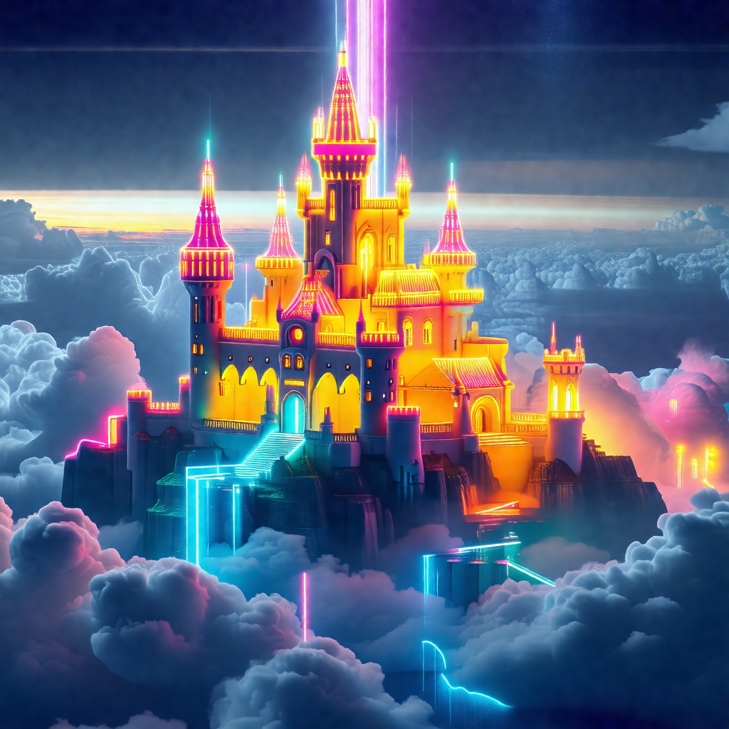 Large, colorful castle floating in the sky