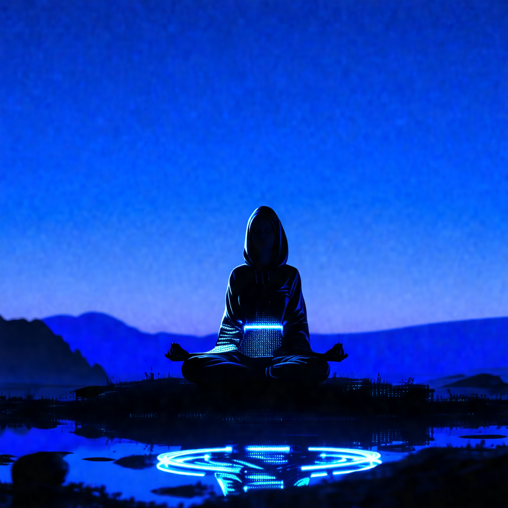Person sitting in a lotus position on a rock, surrounded ...