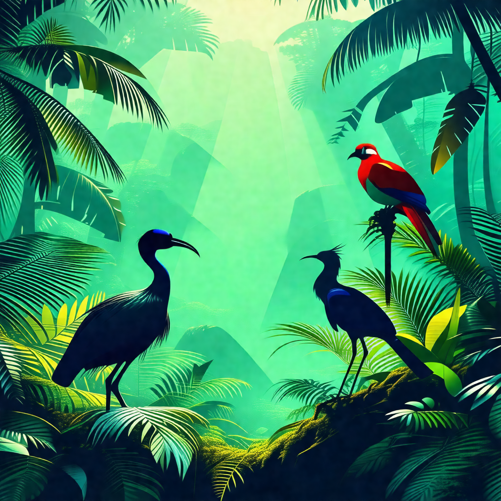 Lush green forest with a variety of birds