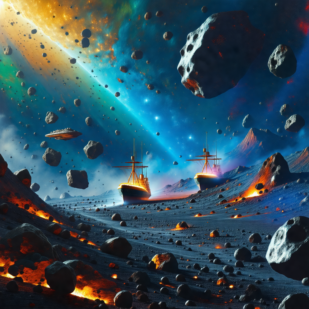 Space scene with two spaceships flying through the air