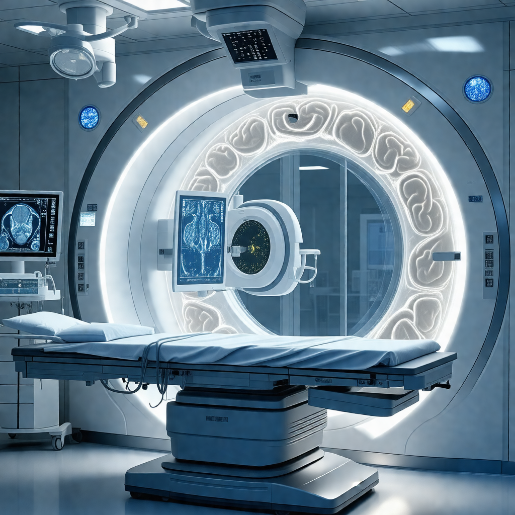 Hospital room with a large, round, white mri machine in t...