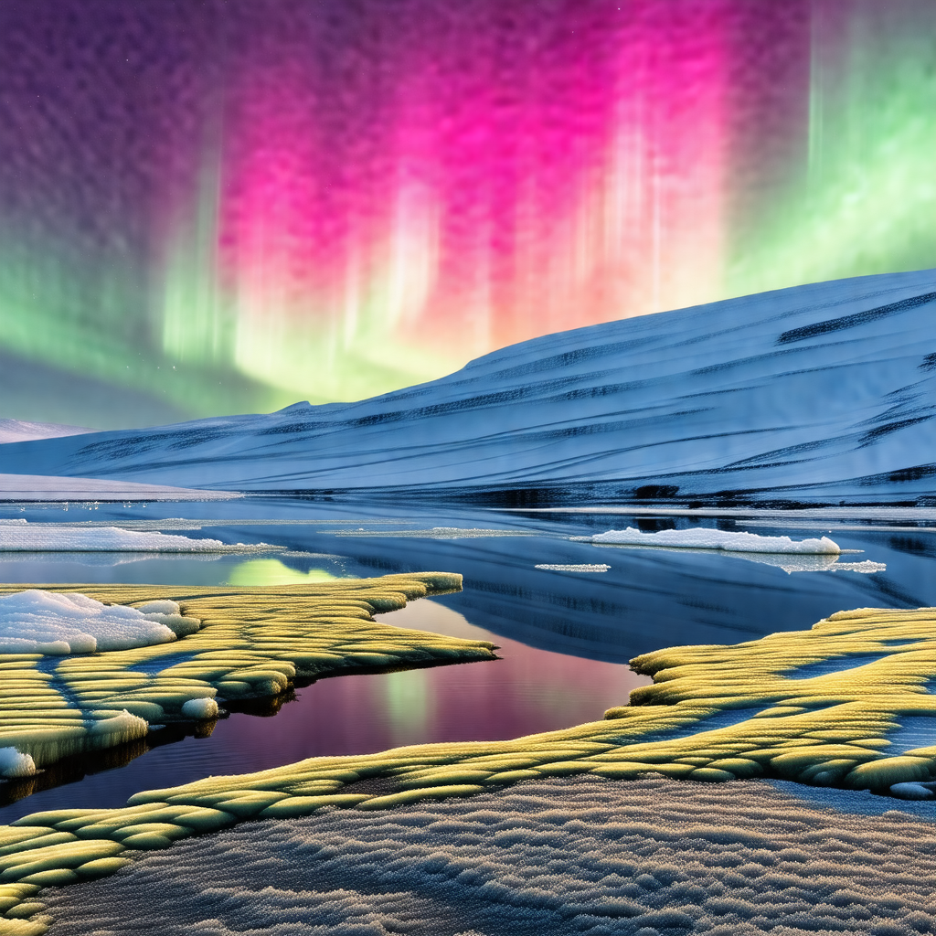 Beautiful scene of a frozen lake with a vibrant pink and ...