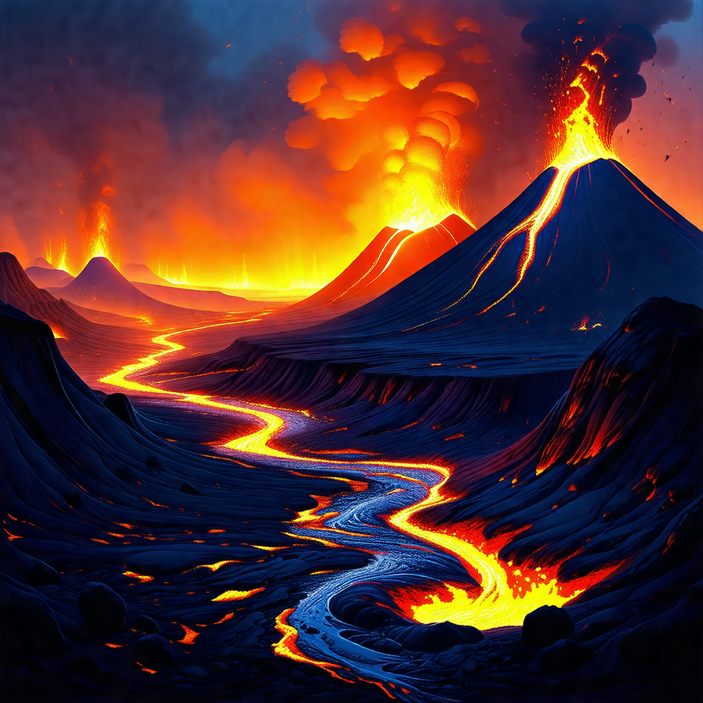 Vivid scene of a volcano erupting, with lava flowing down...