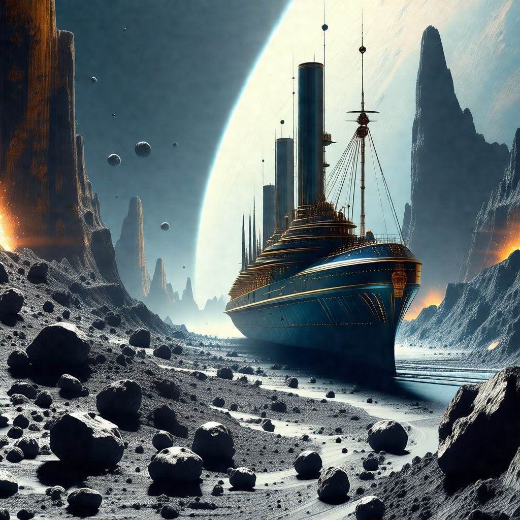 Painting of a large blue ship sailing through a space fil...