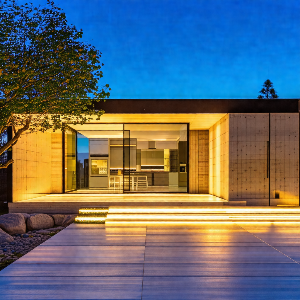 Large, modern house with a large window and a patio