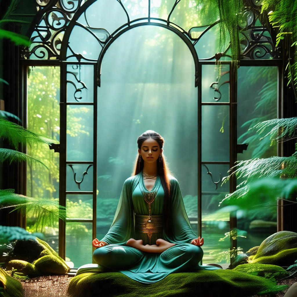 Woman sitting in a lotus position on a green cushion