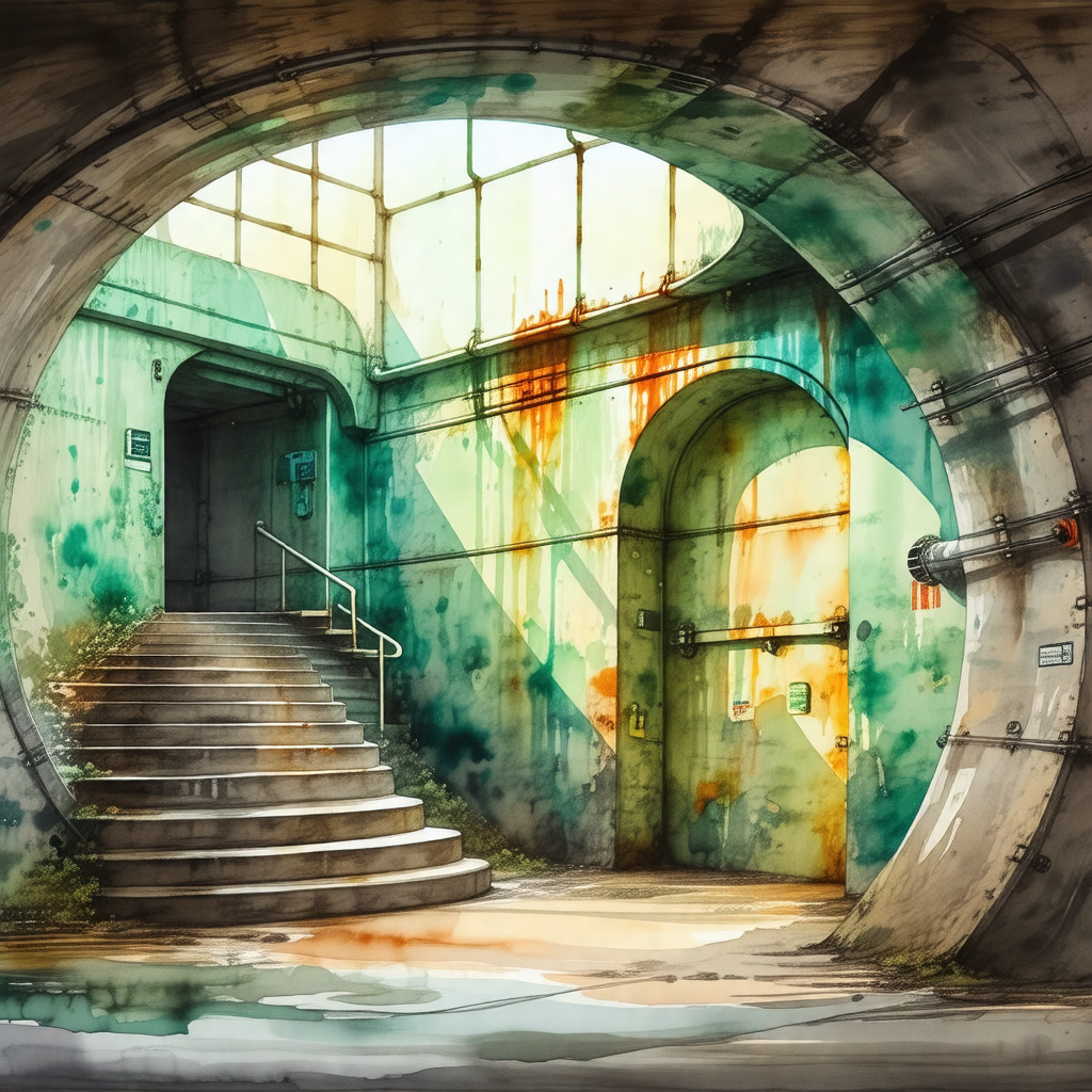 Painting of a large, dark room with a staircase leading u...