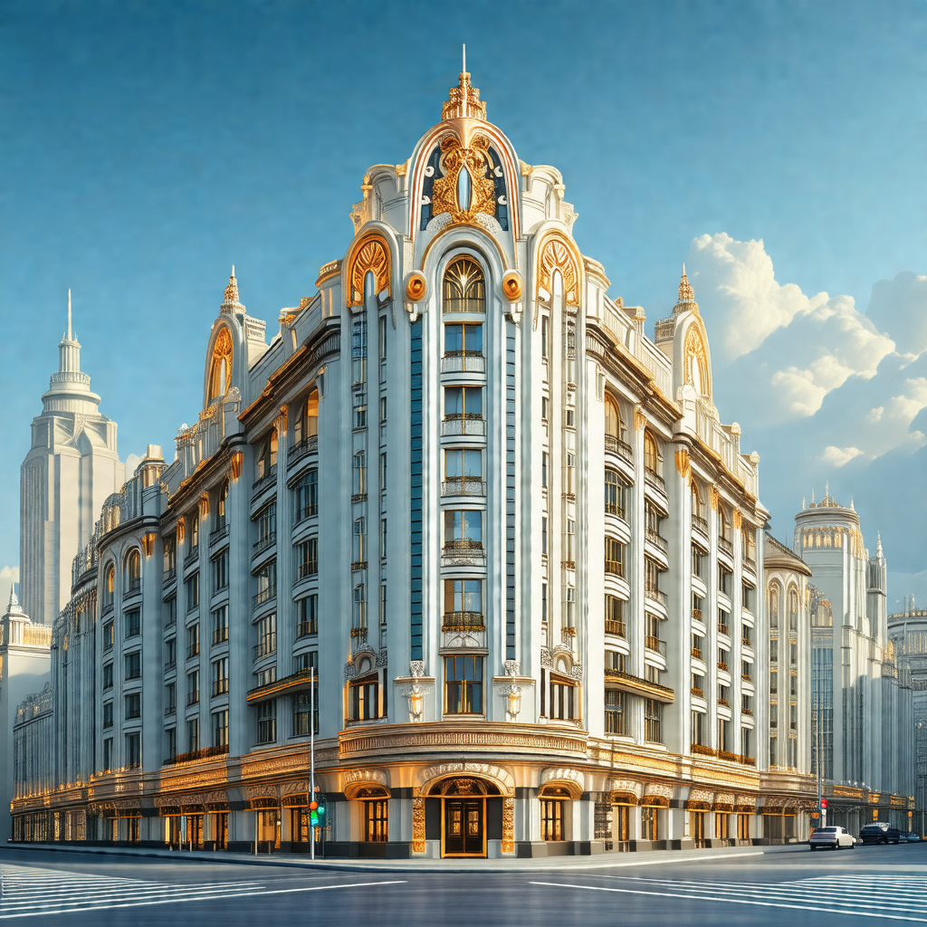 Large, detailed drawing of a grand, white building with g...