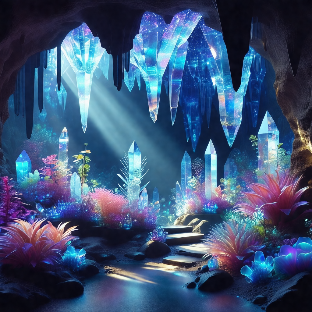 Colorful, computer-generated scene of a cave with a water...