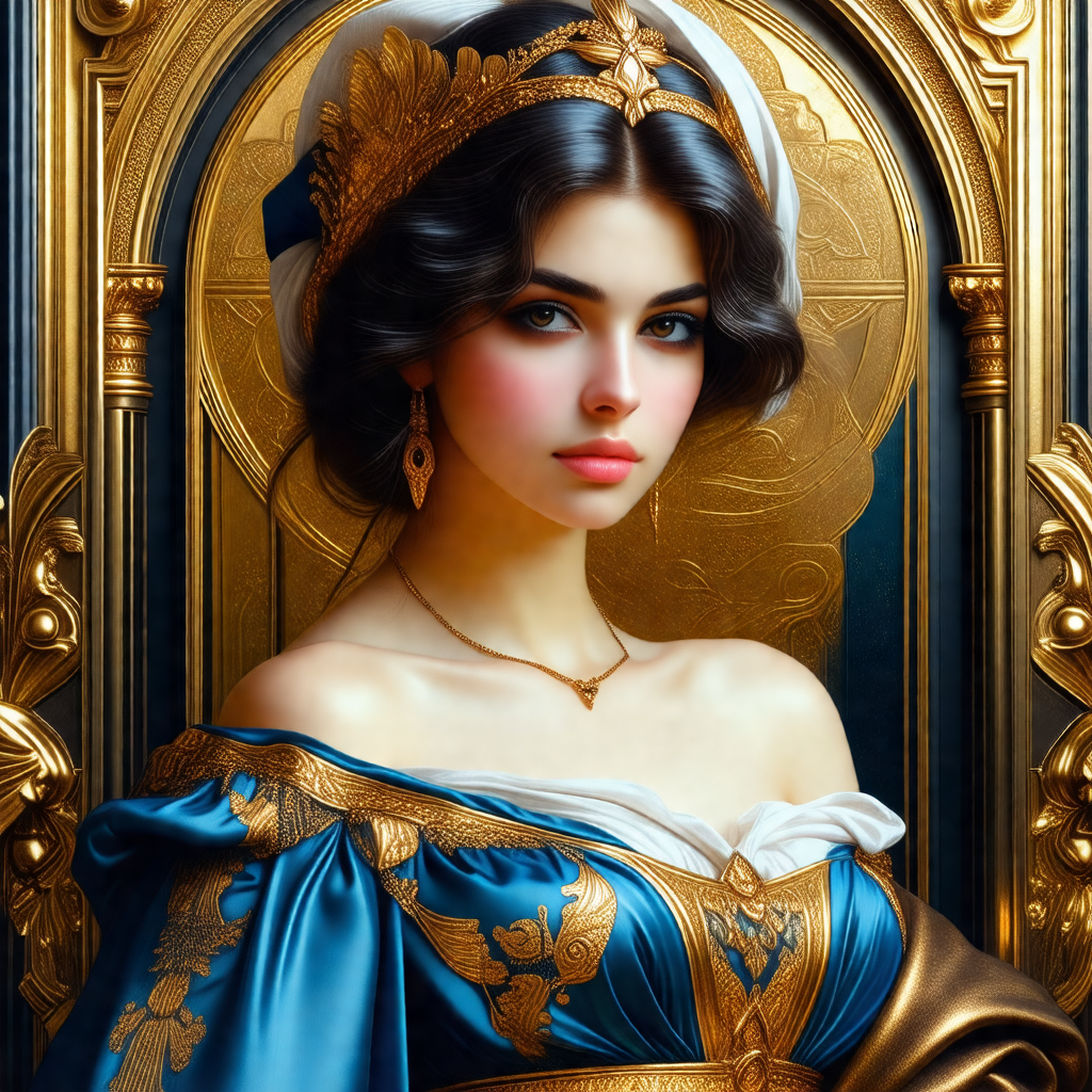 Beautiful woman dressed in a blue gown, with a gold crown...