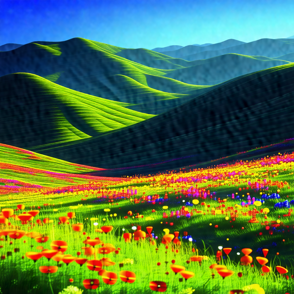 Vibrant, colorful field of flowers with a mountainous bac...