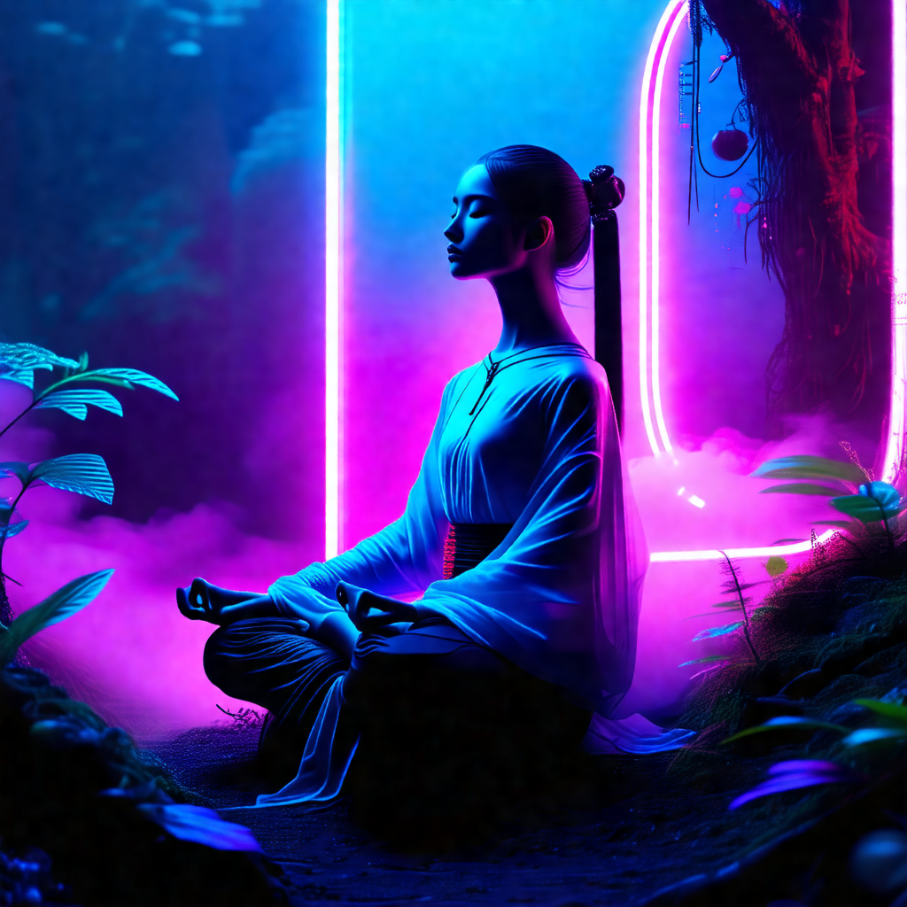 Woman sitting in a forest, surrounded by trees and plants