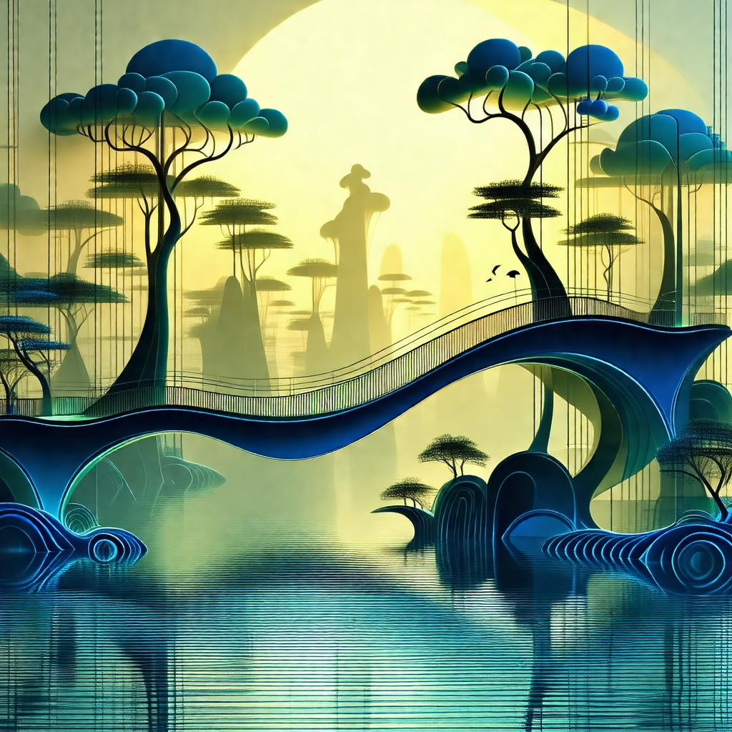 Beautifully drawn illustration of a forest with a bridge ...