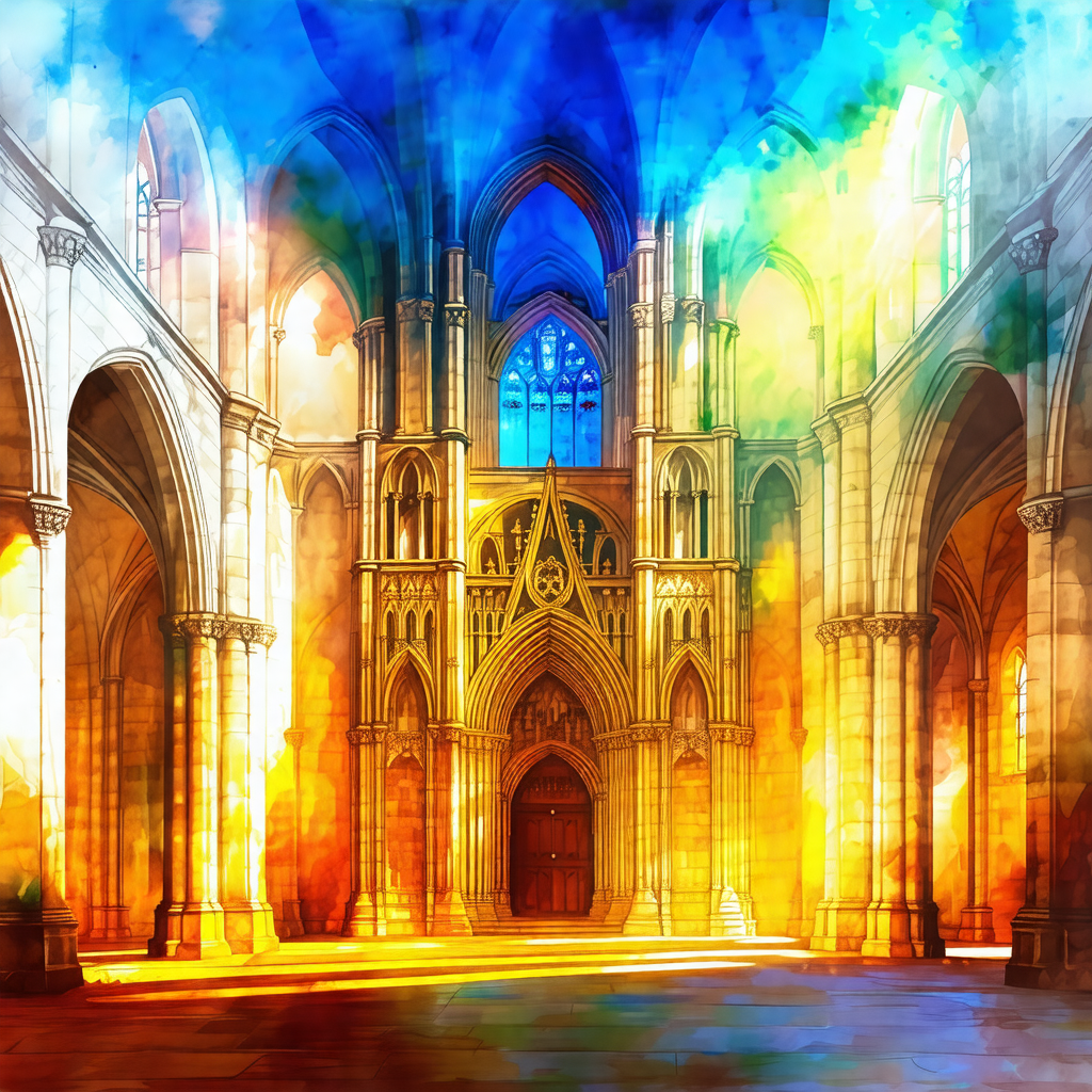 Painting of a large cathedral with a stained glass window