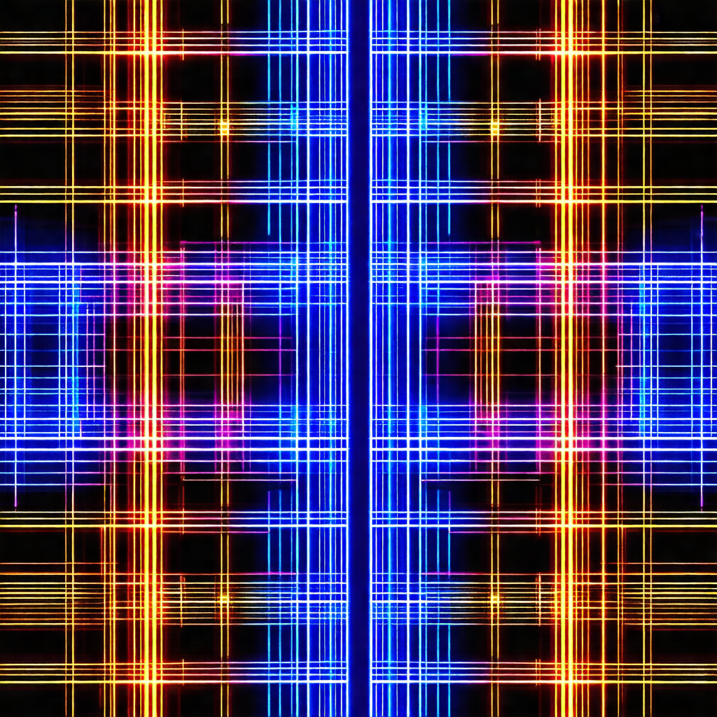 Colorful and abstract artwork featuring a cross-like stru...