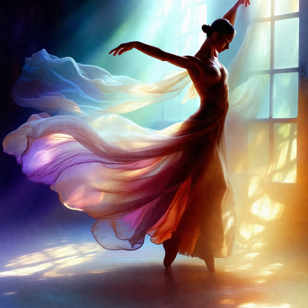 Woman in a flowing dress, dancing gracefully in a room
