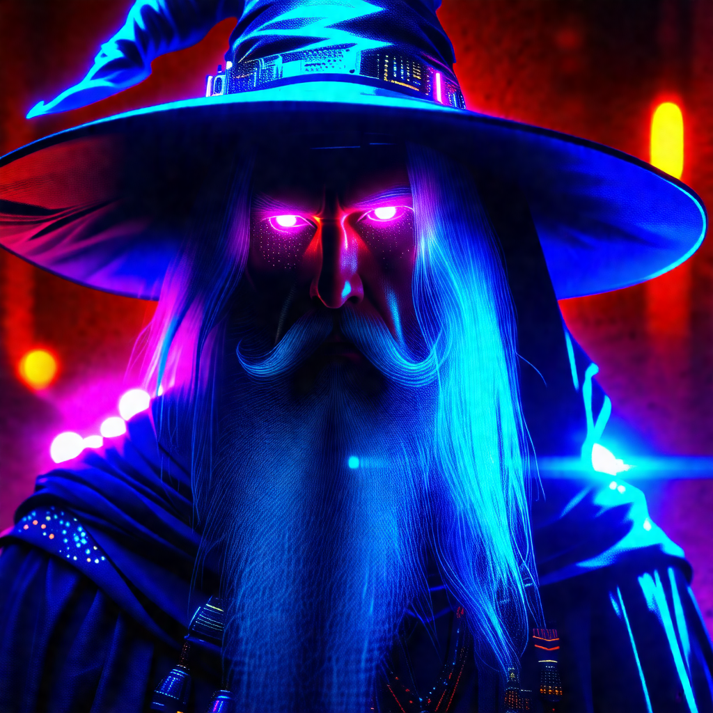Wizard with a long beard and a pointy hat, standing in a ...