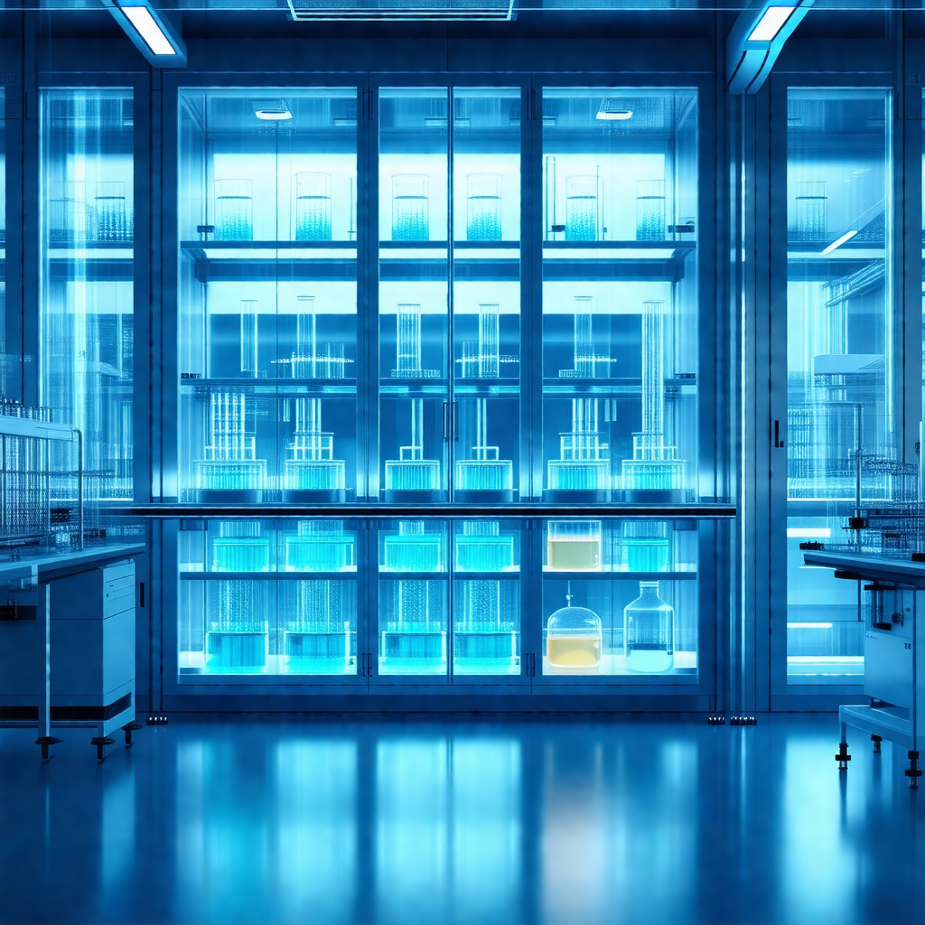 Large, well-lit laboratory with a blue-lit environment