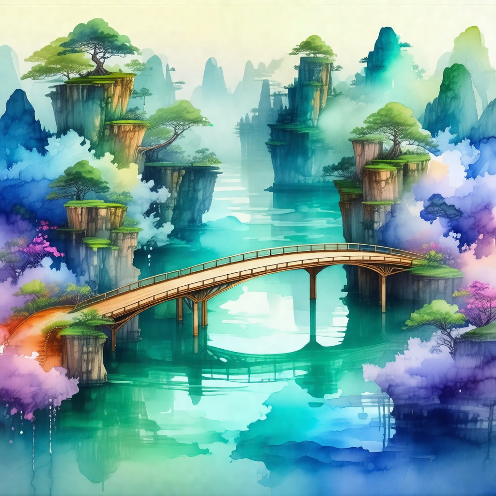 Beautifully drawn watercolor painting of a bridge over a ...