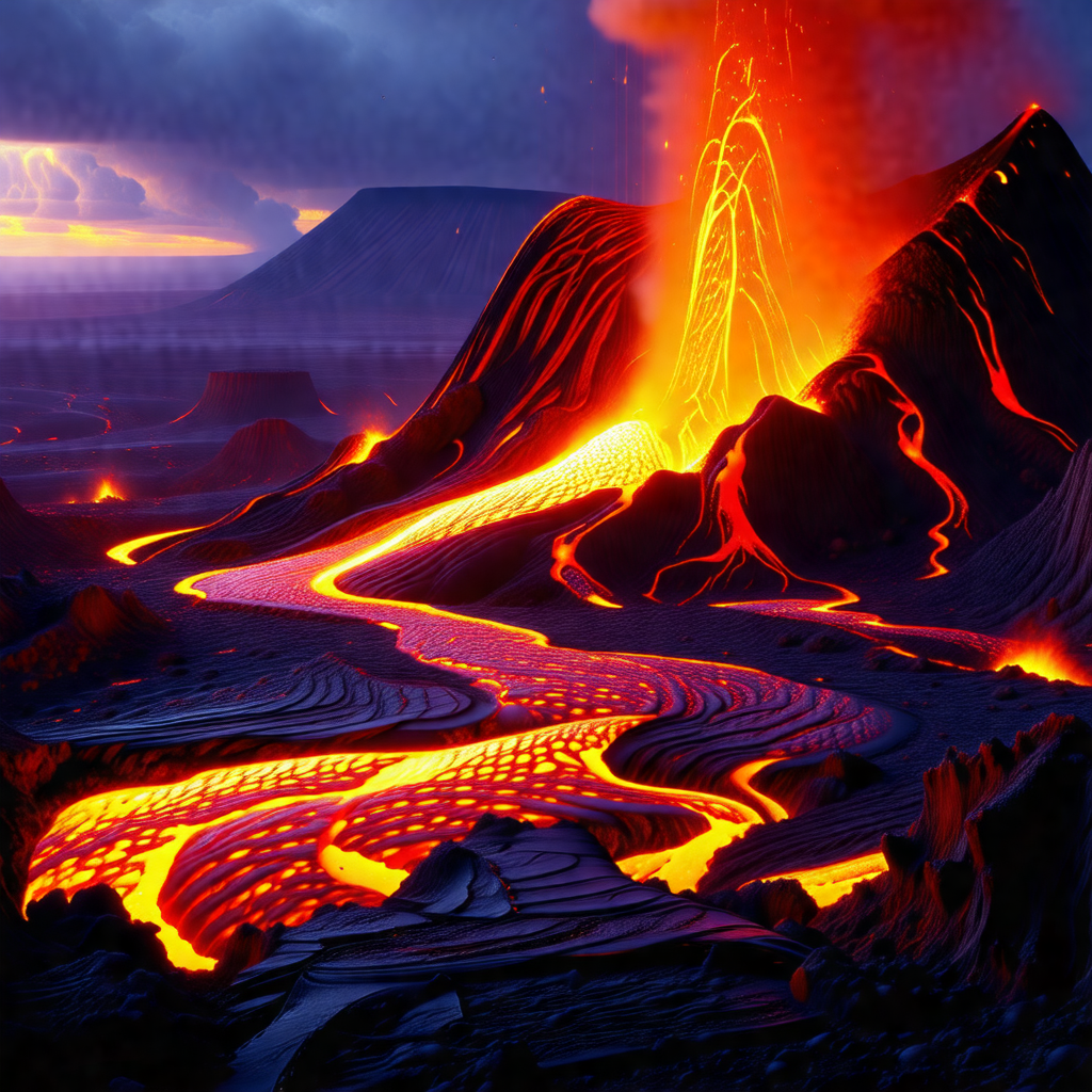 Volcano with a river of lava flowing down its side