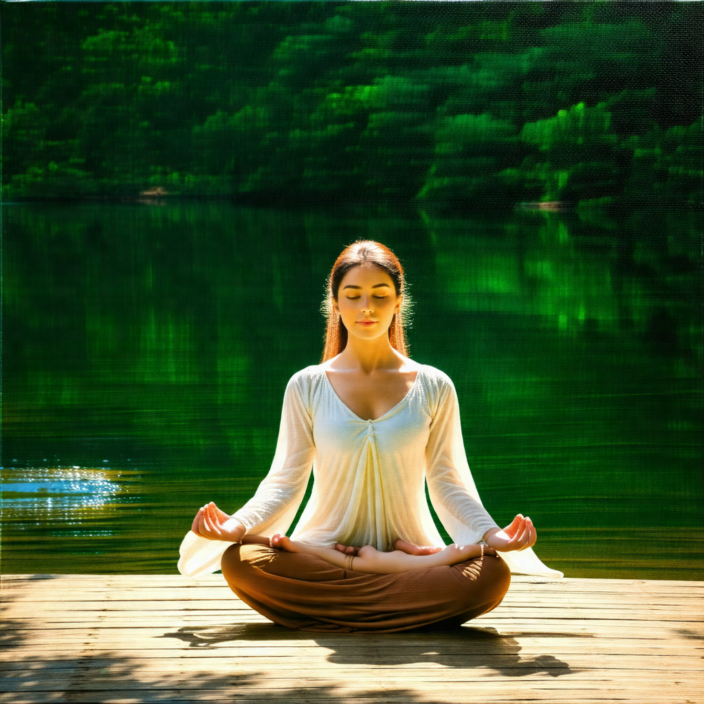 Woman sitting on a wooden deck, surrounded by a serene en...