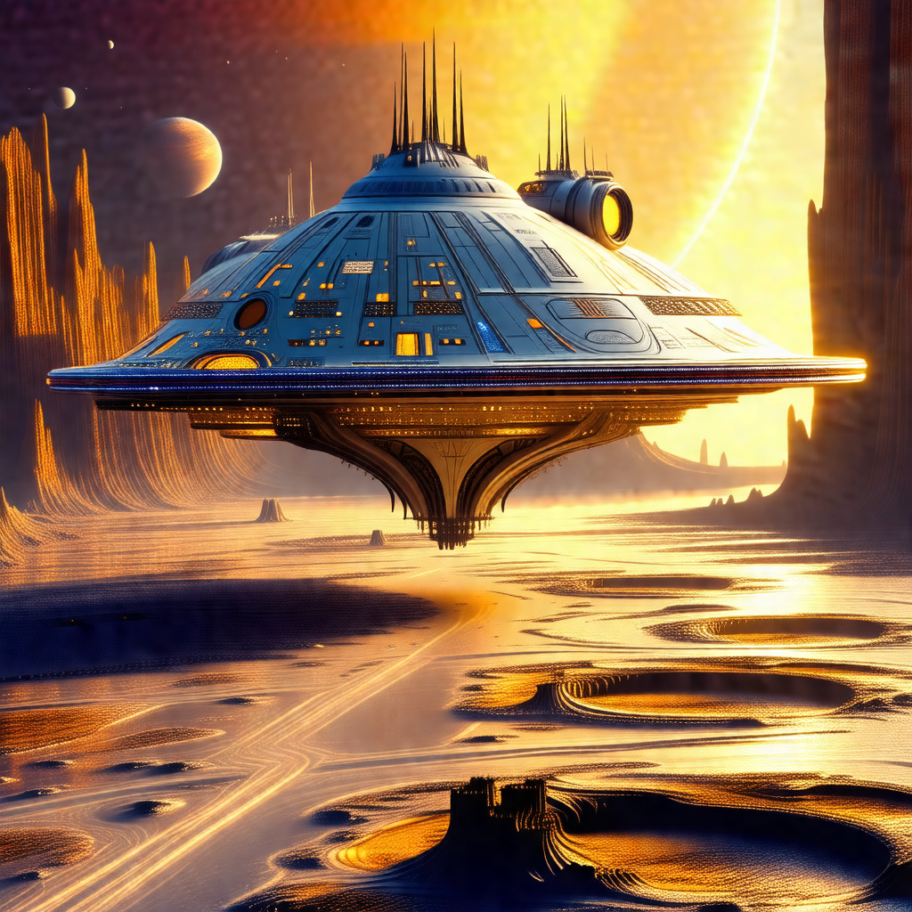 Futuristic spacecraft floating in the air, with a large d...