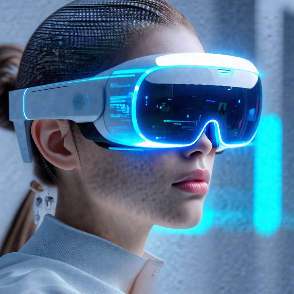 Woman wearing a white shirt and a pair of blue virtual re...