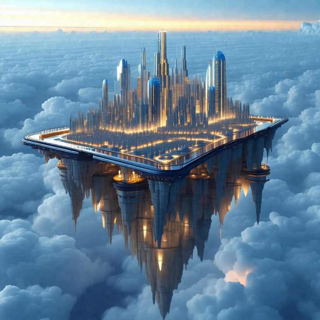 Futuristic city floating in the sky, surrounded by clouds