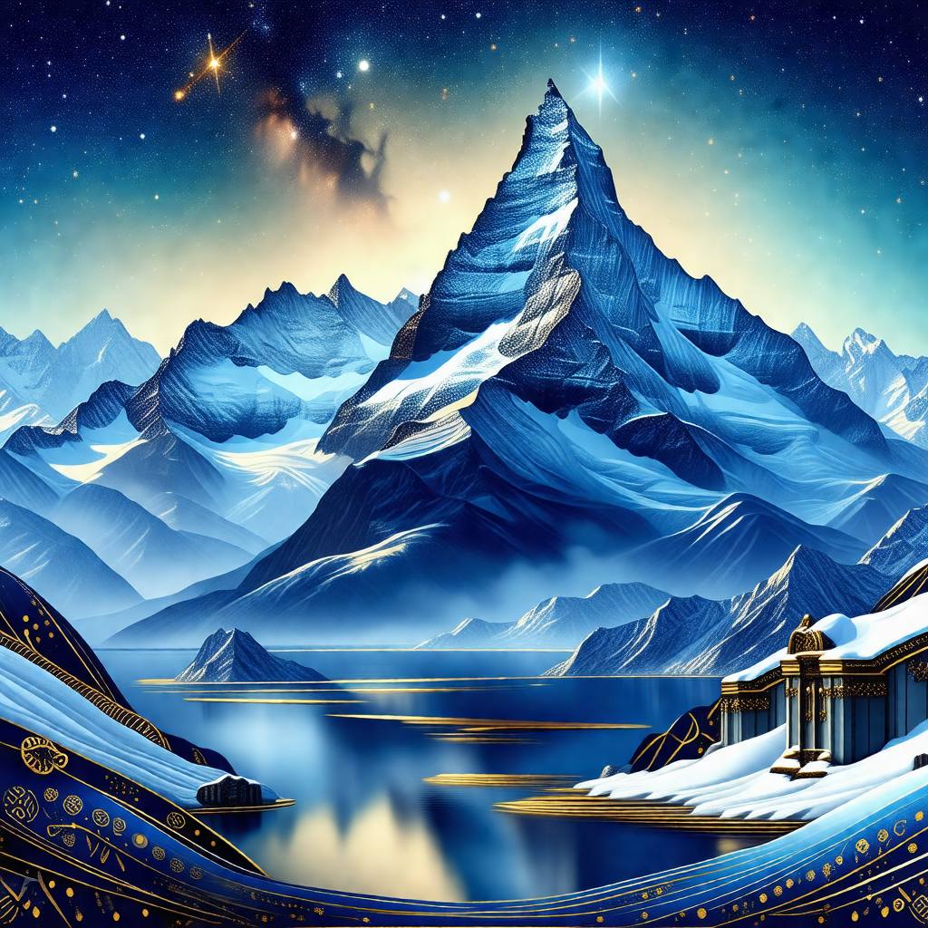 Majestic mountain with a snow-covered peak, towering over...