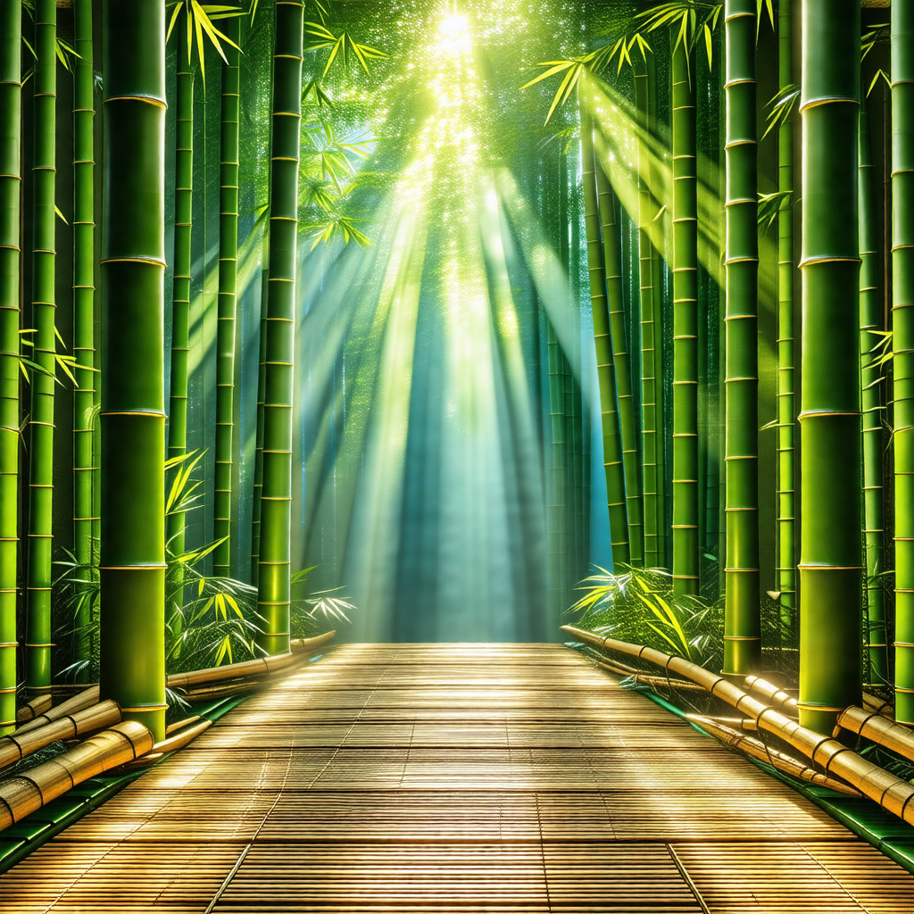 Pathway surrounded by a forest of bamboo trees