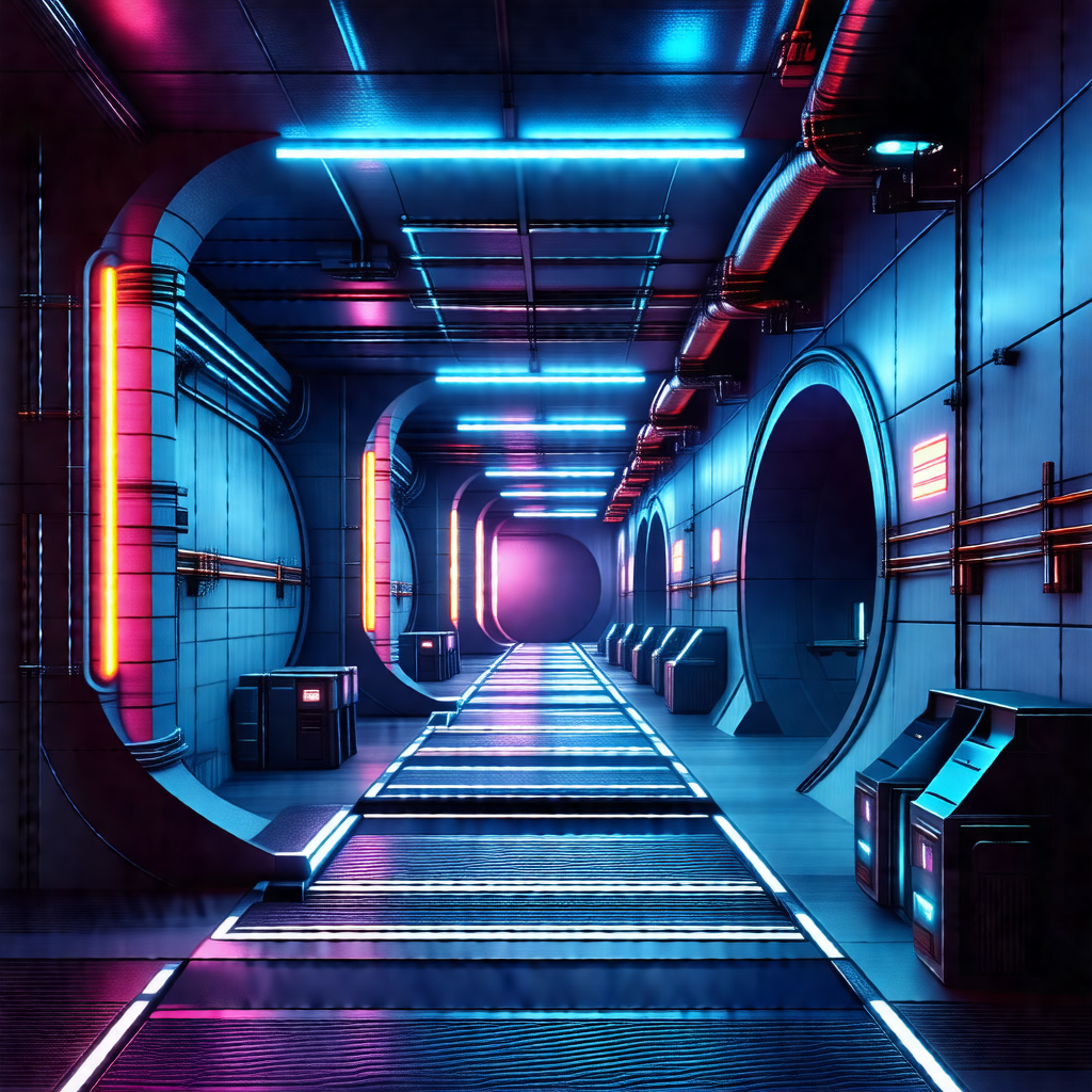 Colorful, futuristic scene of a long hallway with a blue ...