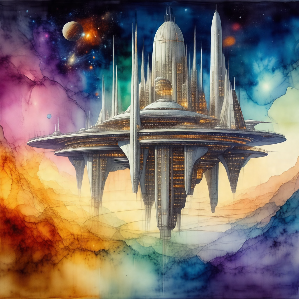 Colorful painting of a futuristic city with a large, tall...