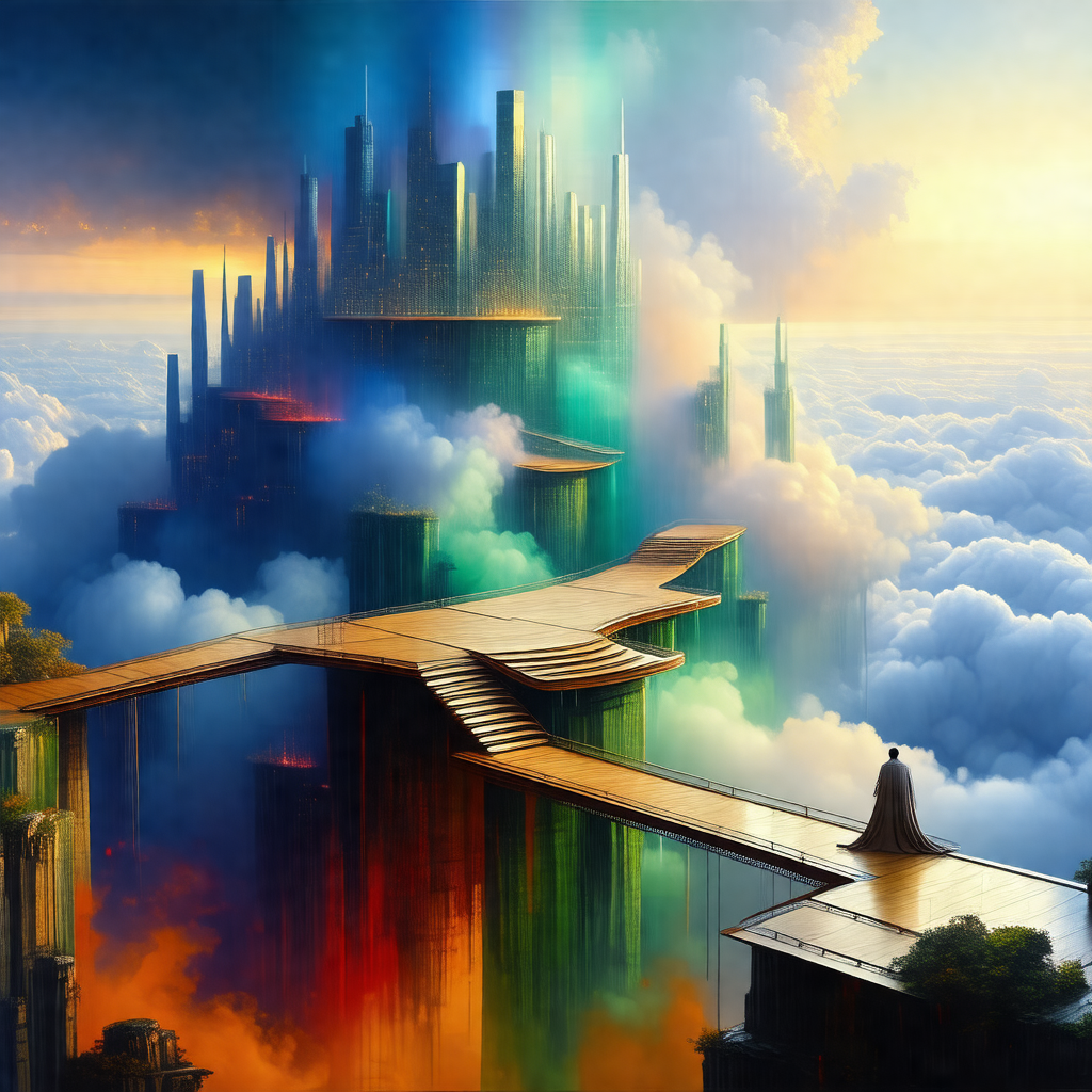 Futuristic city with a large, colorful building towering ...