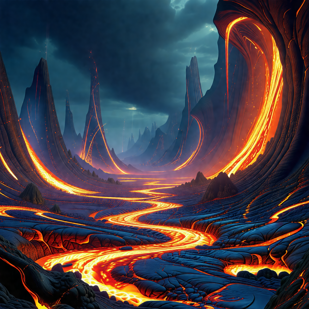 Digital painting of a volcanic landscape with a river of ...