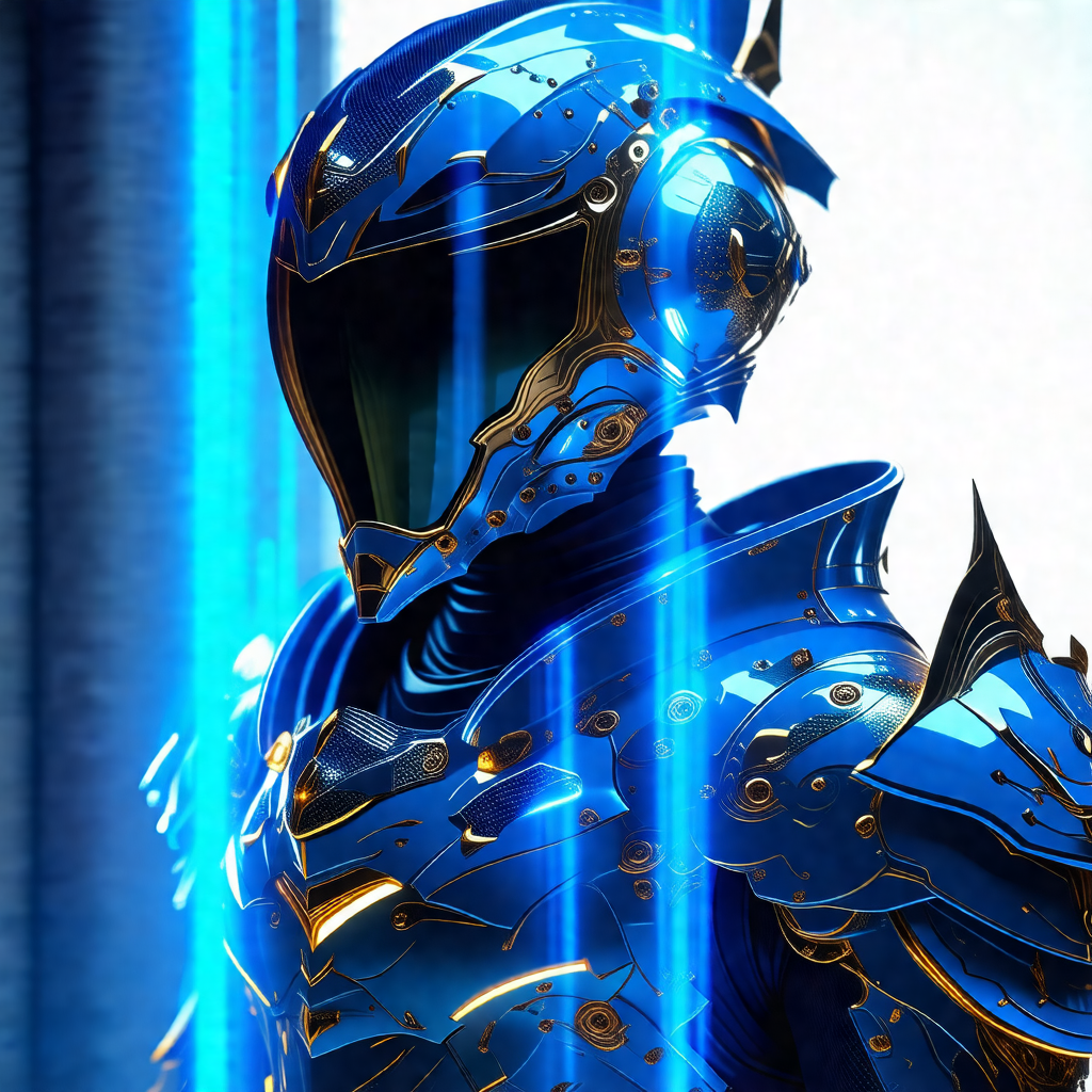 Man wearing a futuristic blue and gold suit, standing in ...