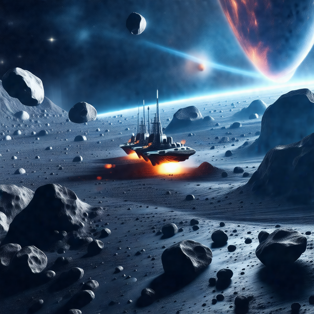 Futuristic scene with a spacecraft flying through a dark,...