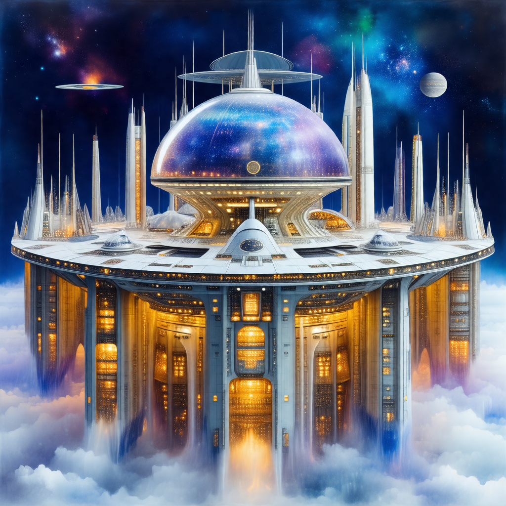 Futuristic city with a large, round building at its center