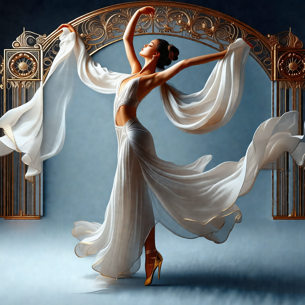 Woman in a white dress, standing in front of a large, orn...