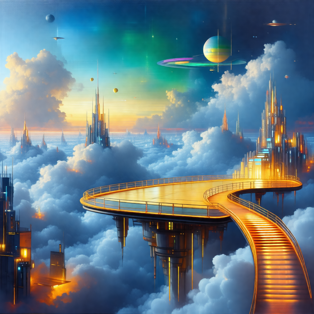 Painting of a futuristic city with a large, curved bridge...