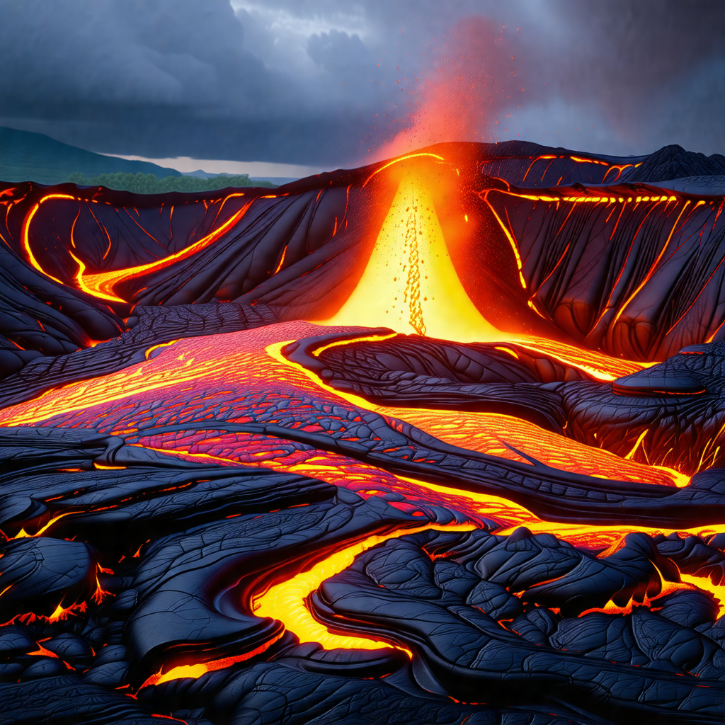 Large, red, and black lava flow, with a mountainous lands...