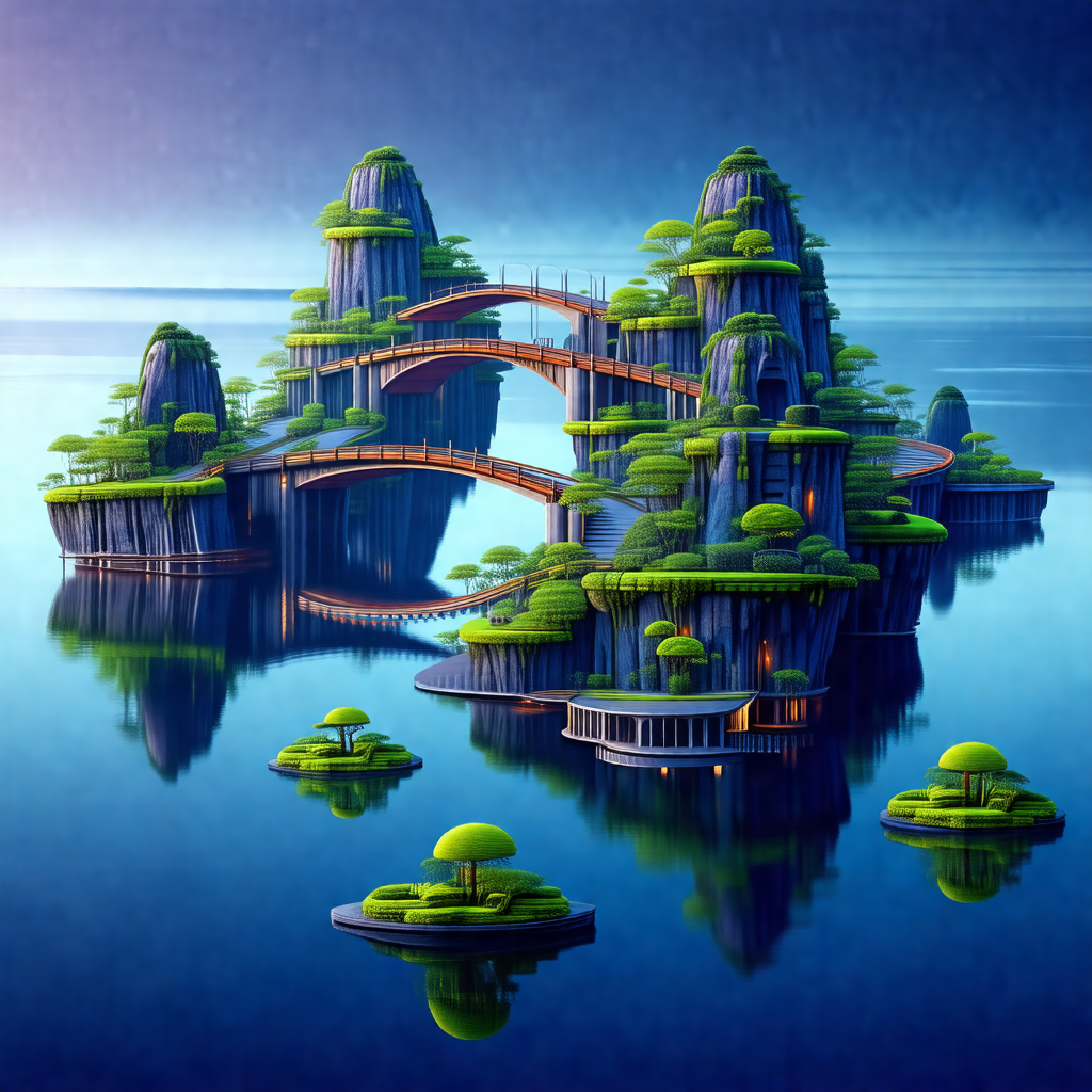 Blue and green digital painting of a small island with a ...