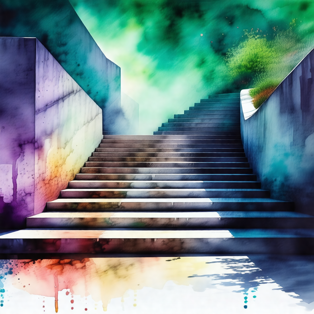Painting of a staircase with a rainbow-colored background