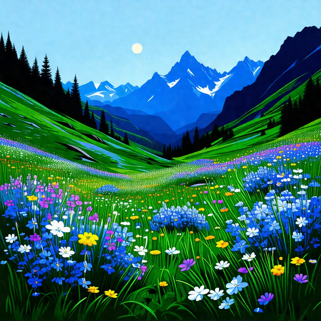 Beautiful, lush green field with a mountain range in the ...